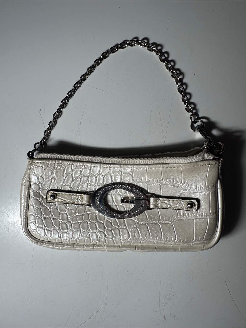 Guess White Croc-Embossed Mini Shoulder Bag with Silver Chain